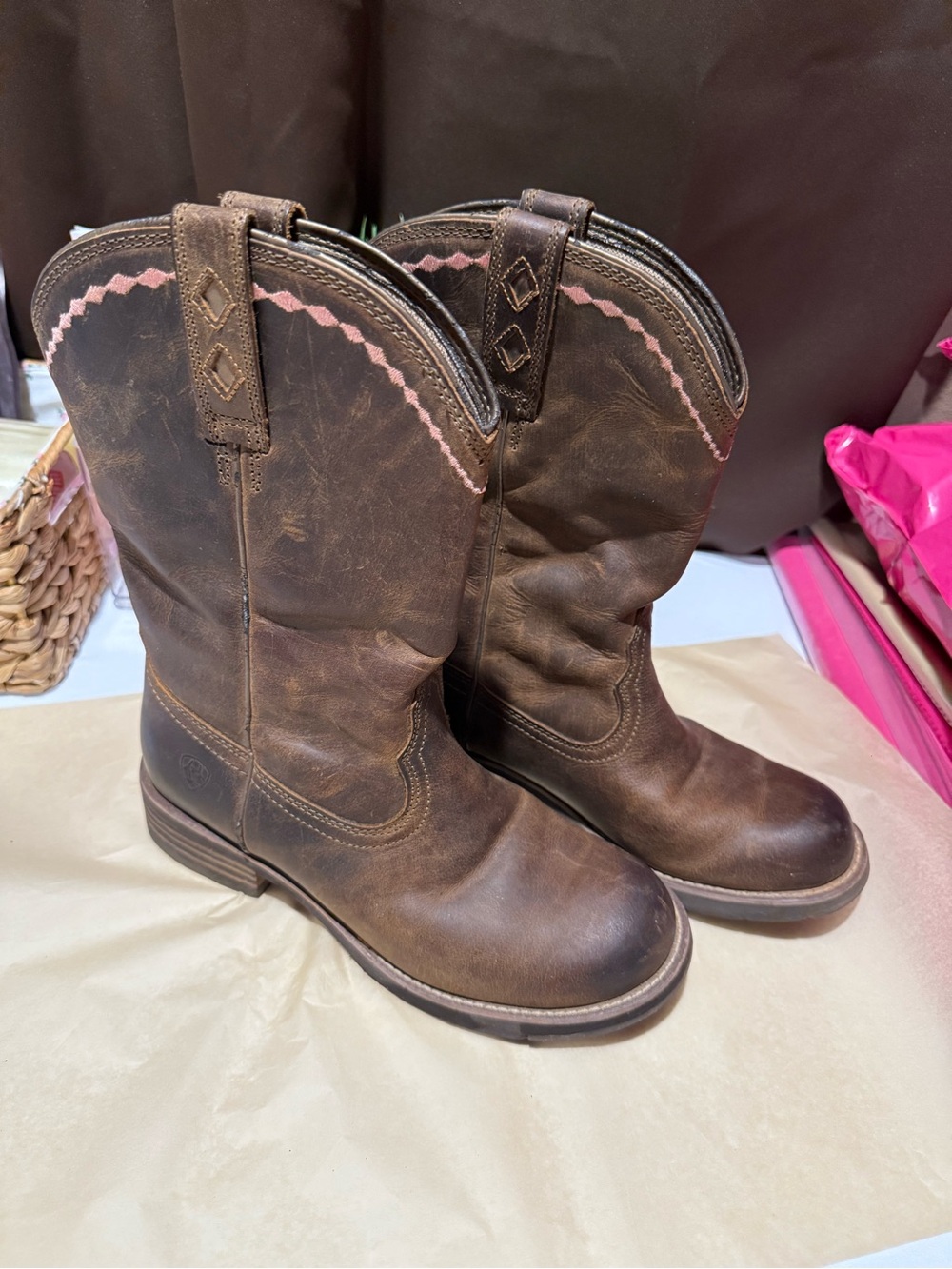 Ariat Brown Kids Western Boots with Pink Trim
